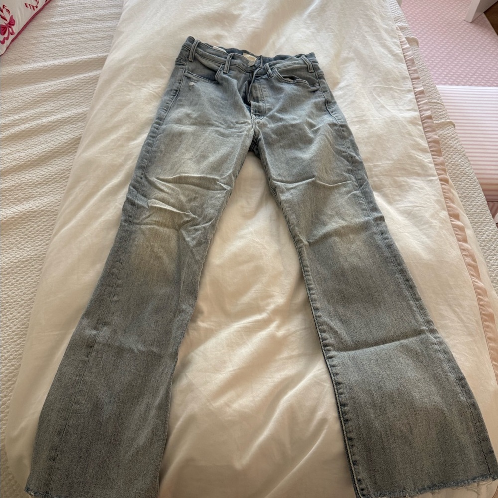 MOTHER Denim the hustler ankle gray jean in knock on wood. Light blue jeans.